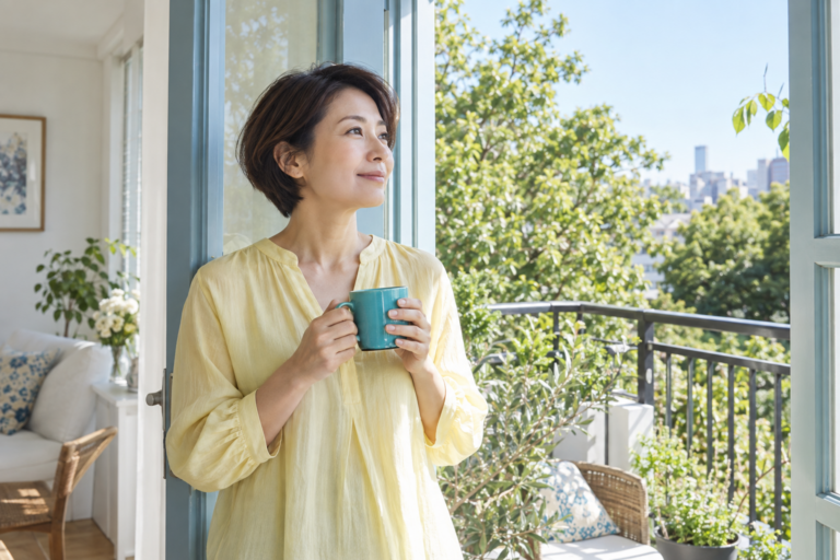 黄色いブラウスの女性が青いカップを手に、ベランダの入口で緑を眺めて休憩する