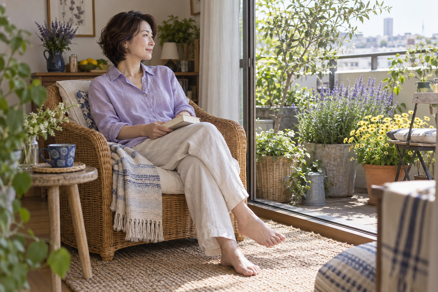 ラベンダー色のシャツを着た女性が読書を休み、椅子から庭を眺める休日