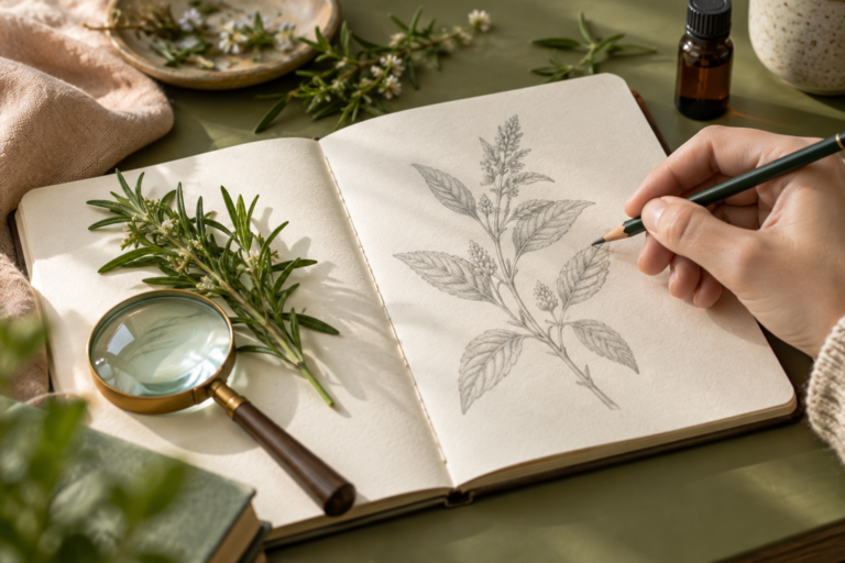 植物のスケッチとハーブ、虫眼鏡を並べた観察ノート