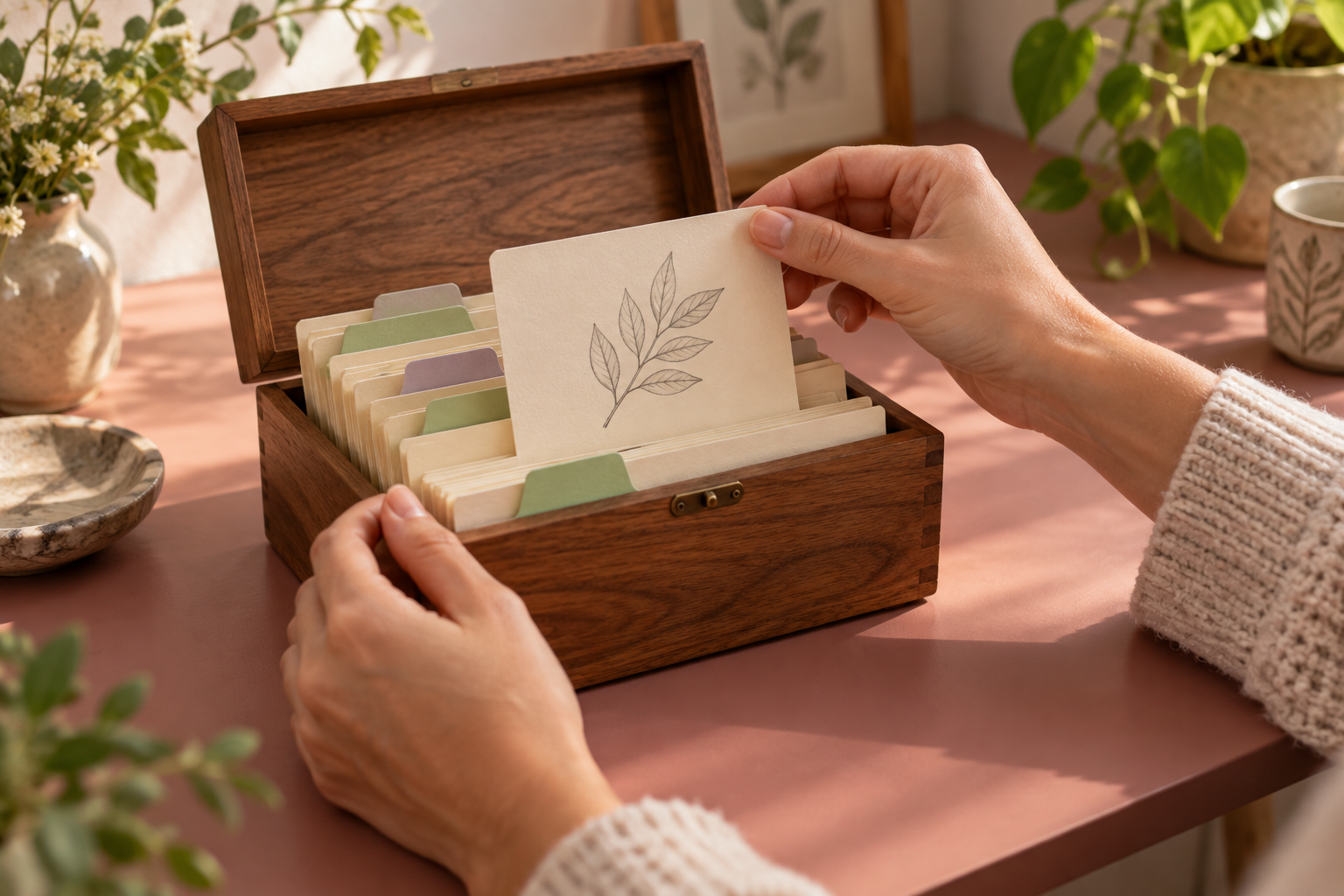 木箱から植物のスケッチを描いたカードを取り出す手元