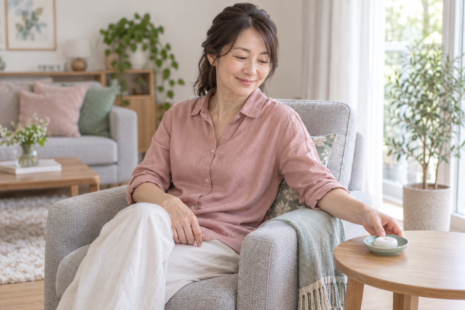 片付いた部屋の椅子でアロマストーンをそばに置く女性
