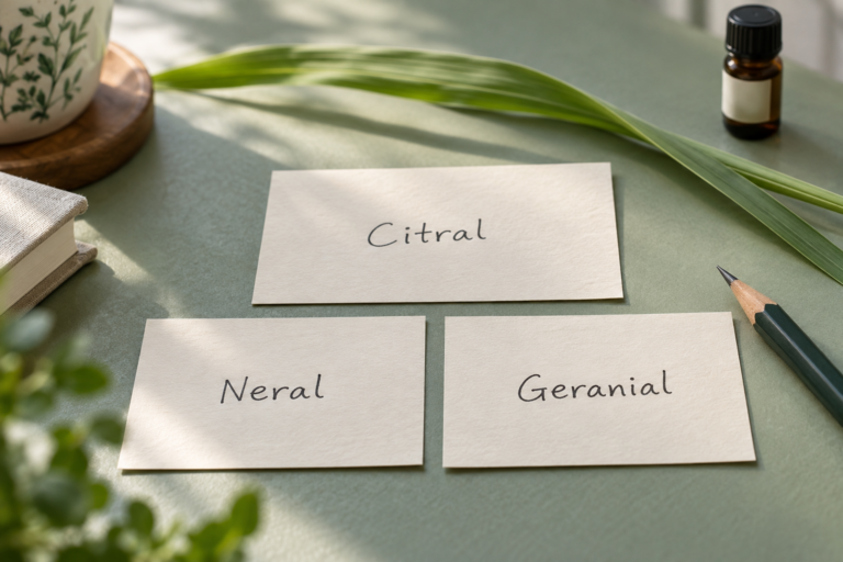 Citral、Neral、Geranialの名前を書いた三枚のカード