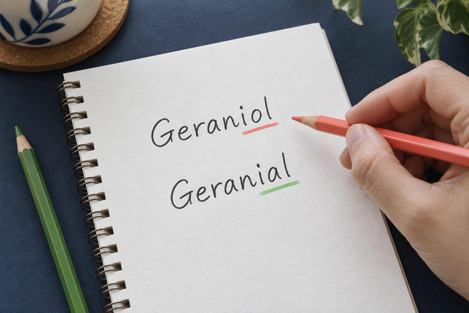 GeraniolとGeranialの綴りを色分けして見比べるノート