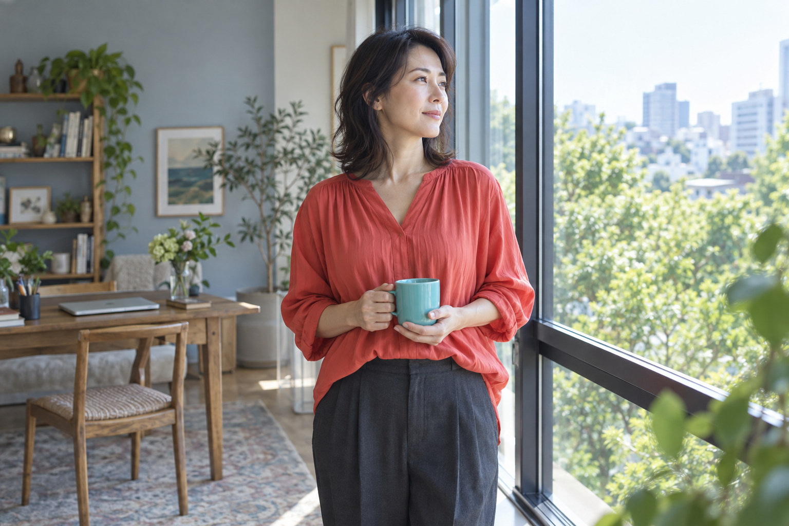 仕事の机から離れ、青いマグを手に窓の外を眺める女性