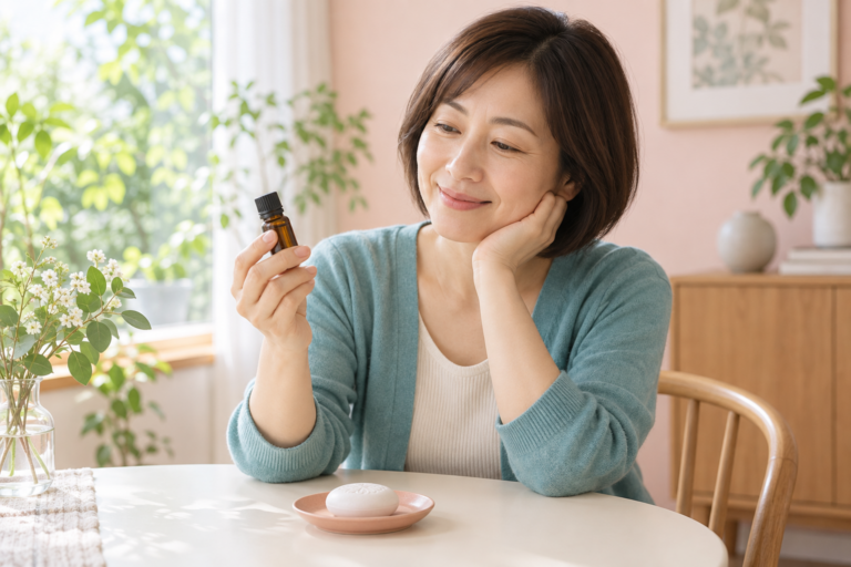 好きな香りの一本を手に取り、アロマを始める女性のイメージ