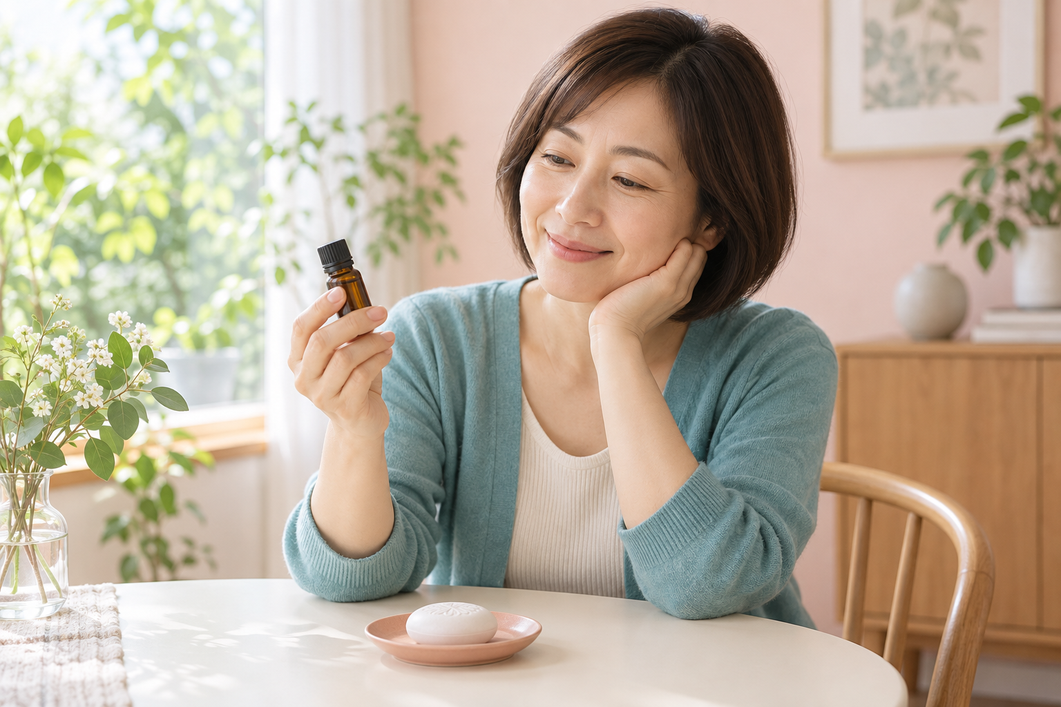 好きな香りの一本を手に取り、アロマを始める女性のイメージ
