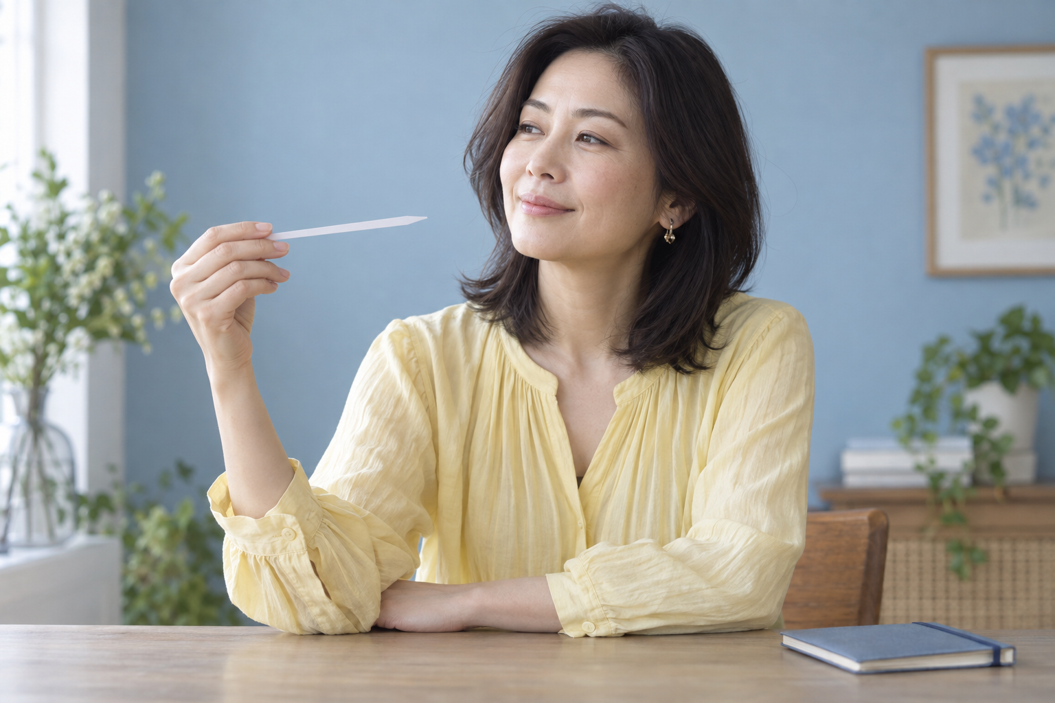 ムエットを顔から離して香りを楽しむ黄色い服の女性