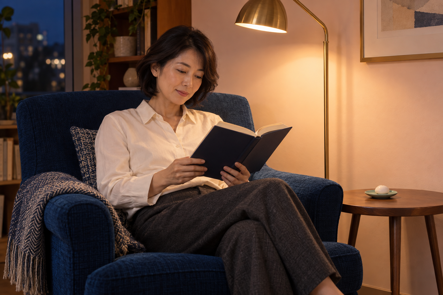 小さなアロマストーンをそばに置き青い椅子で読書する女性