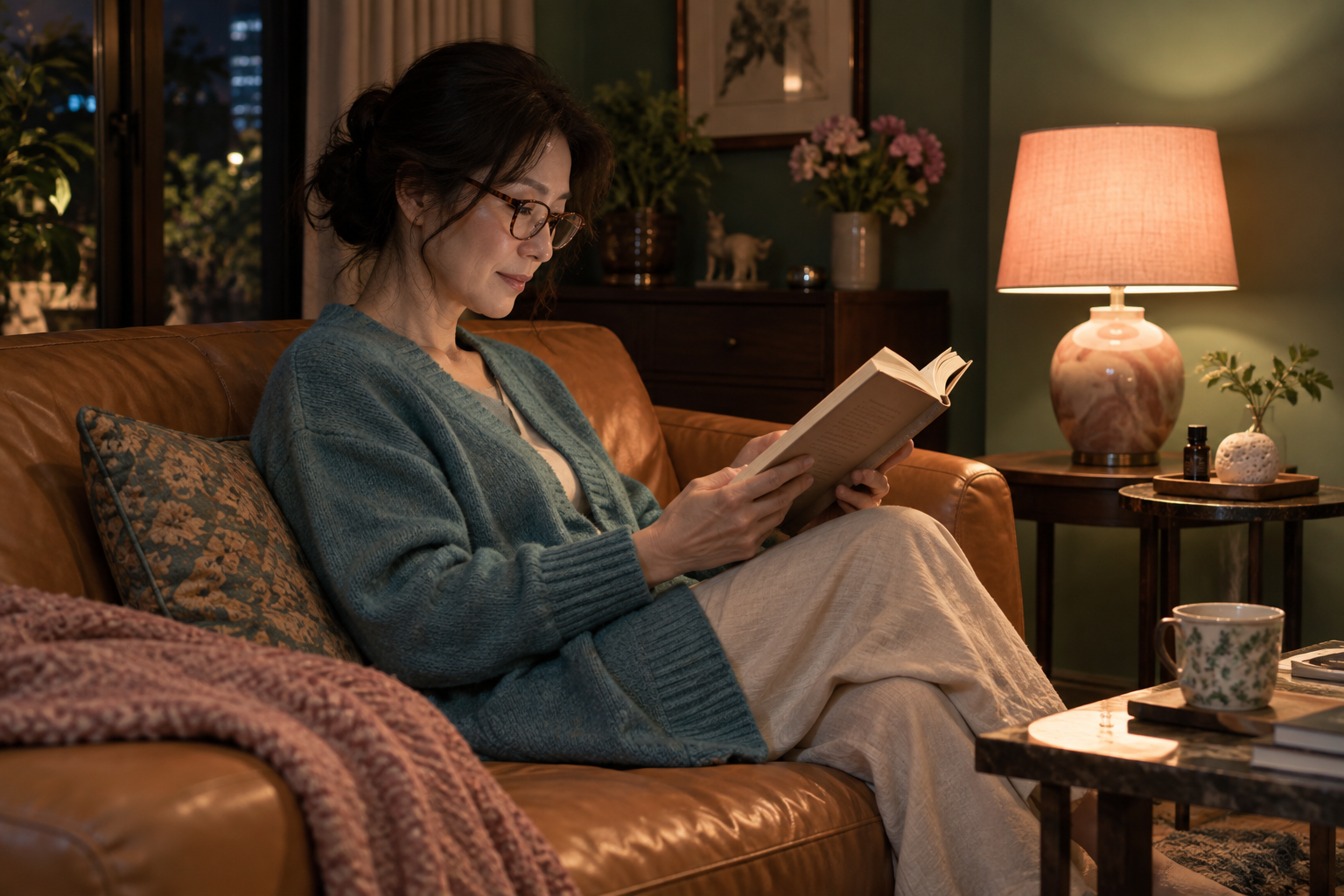 ピンクの読書灯と香りの道具をそばに置き、夜の読書を楽しむ女性
