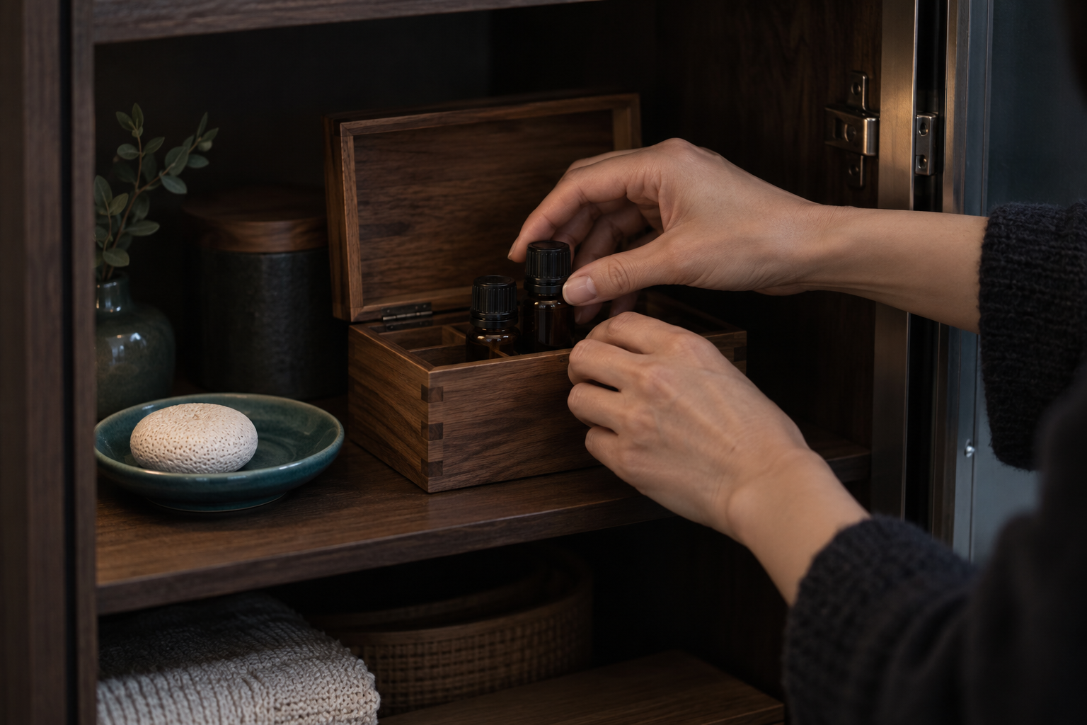 ふたを閉めた精油瓶を木の収納箱へ戻す手元