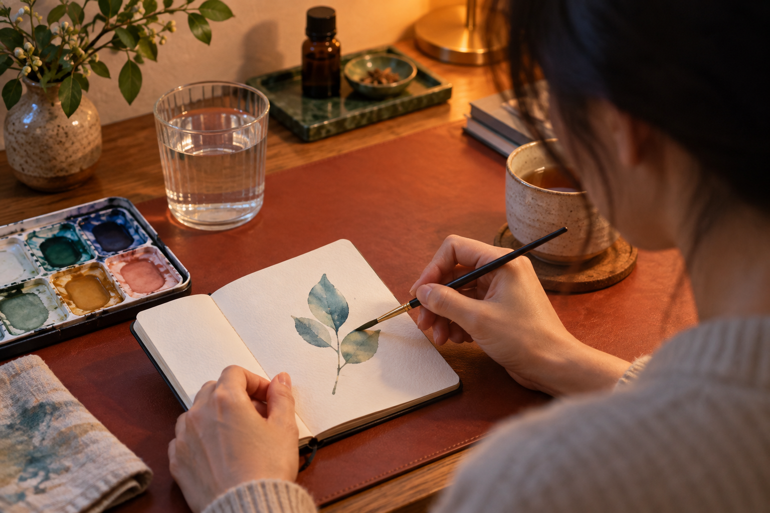 仕事のあとに小さなスケッチブックで水彩の葉を描く手元