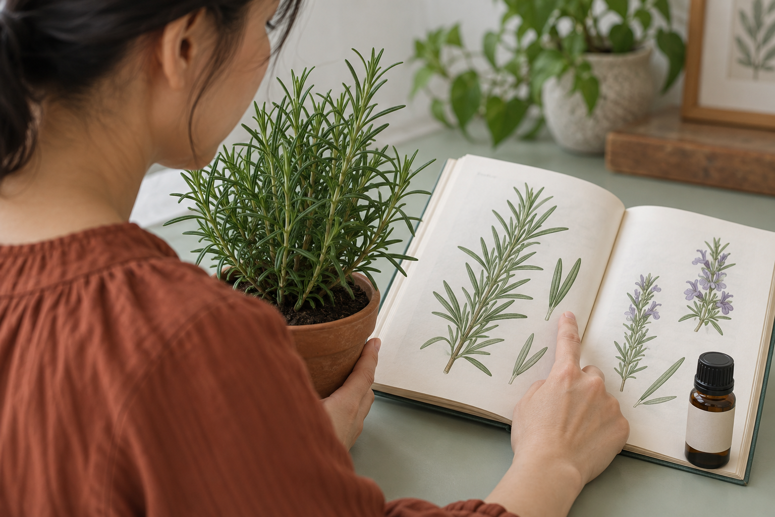 ローズマリーの鉢植えを植物の図と見比べ、精油の原料を知る学習の場面
