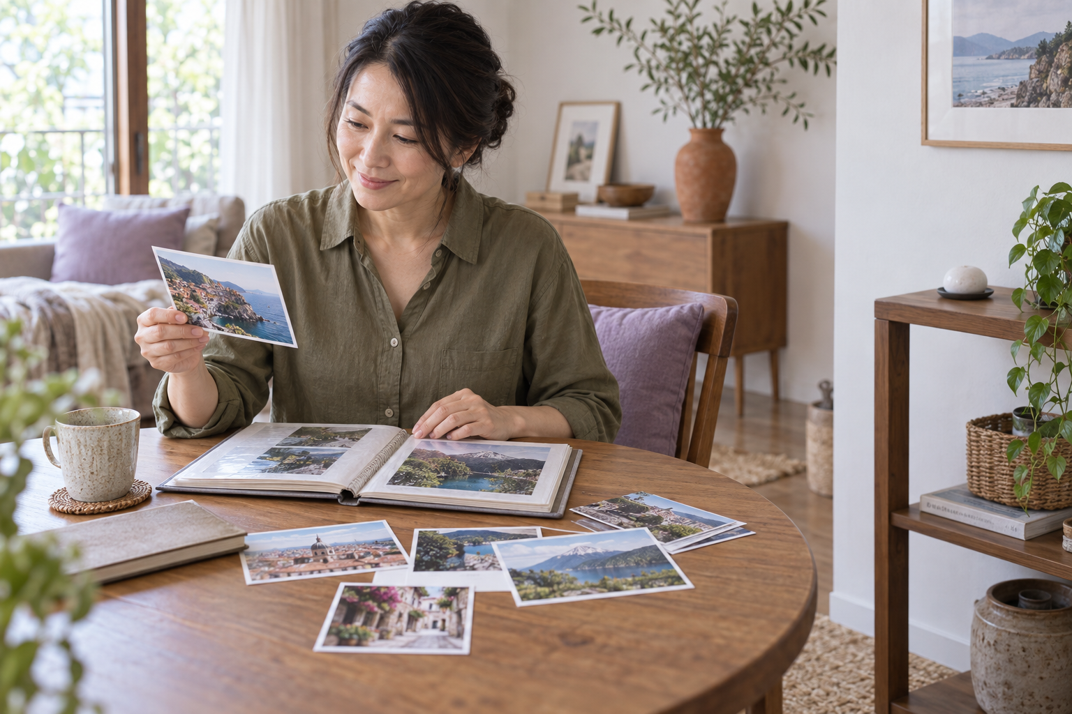 アロマストーンを置いた部屋で旅の写真をアルバムに整理する女性