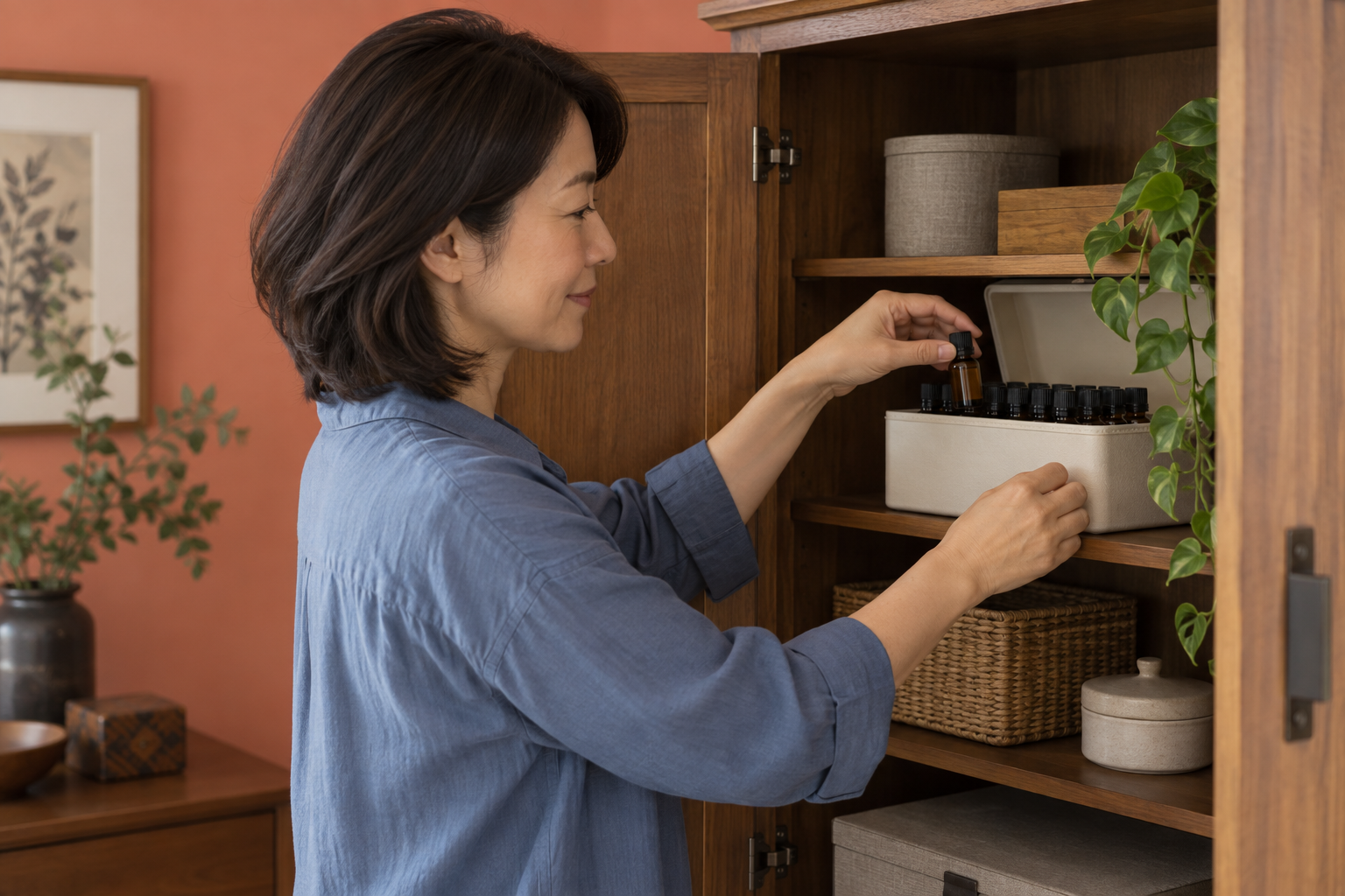 使い終わった精油瓶を、日光の当たらない棚の収納ケースへ戻す女性