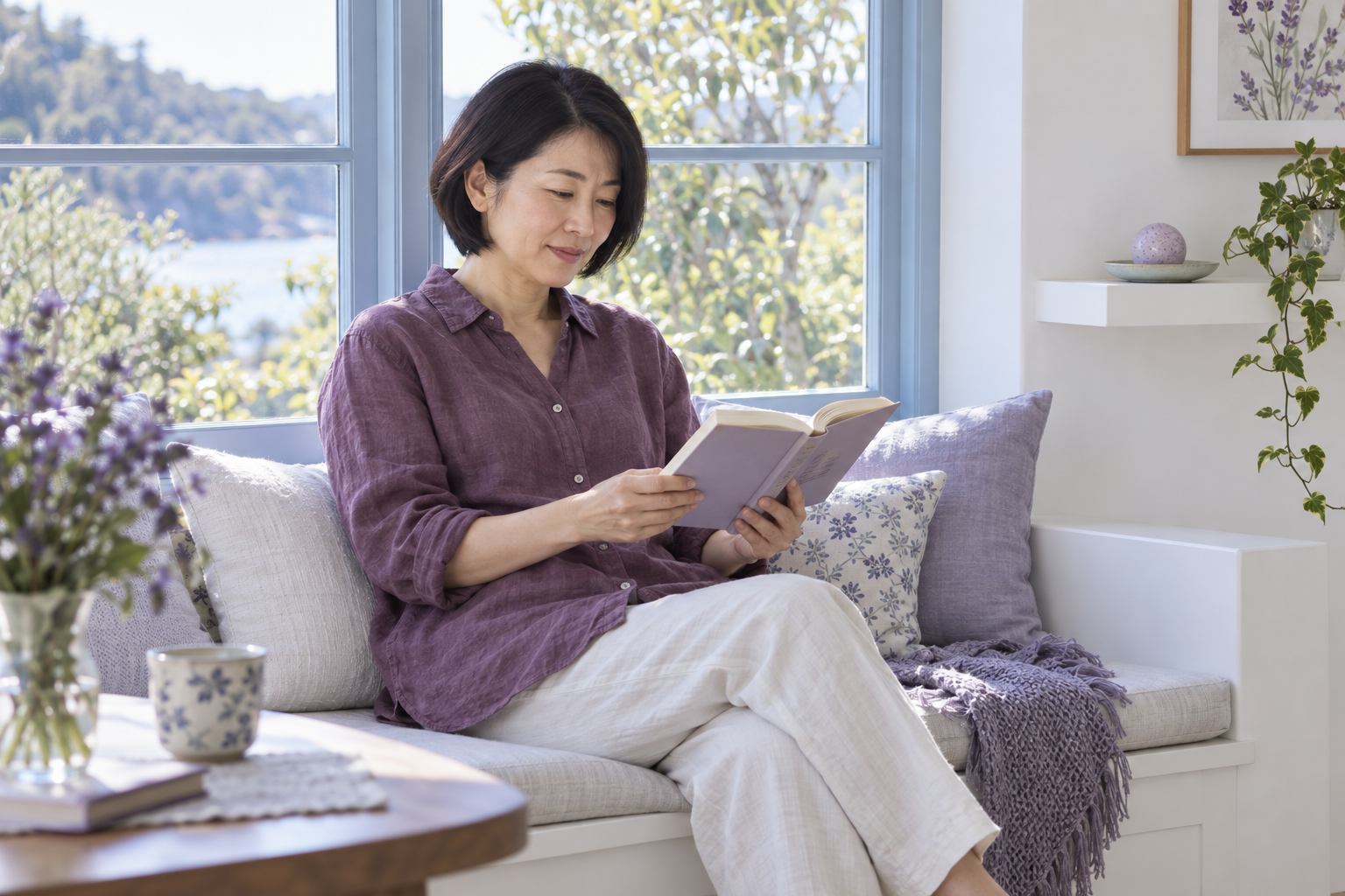 窓辺のベンチで読書を楽しむ女性と別の棚に置いたアロマストーン