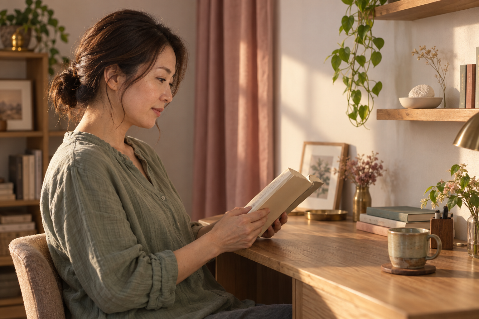 夕方の机で読書をする女性と飲み物から離れた棚のアロマストーン
