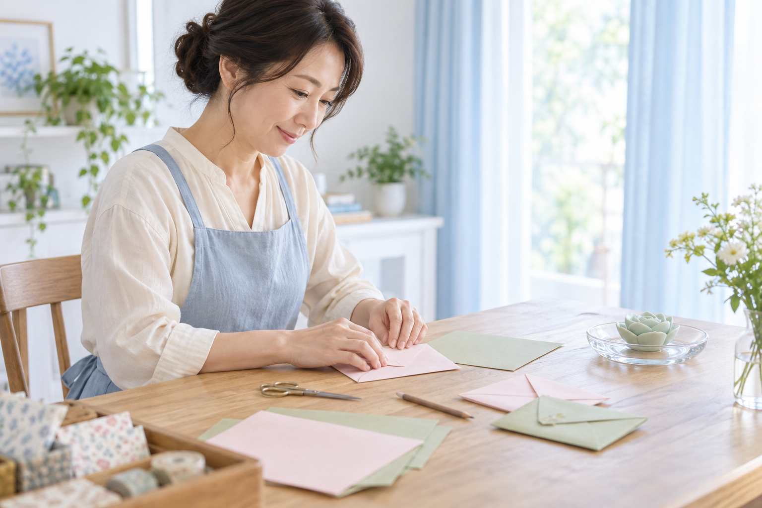明るい窓辺の机で紙の手仕事を楽しむ女性と受け皿に置いたアロマストーン