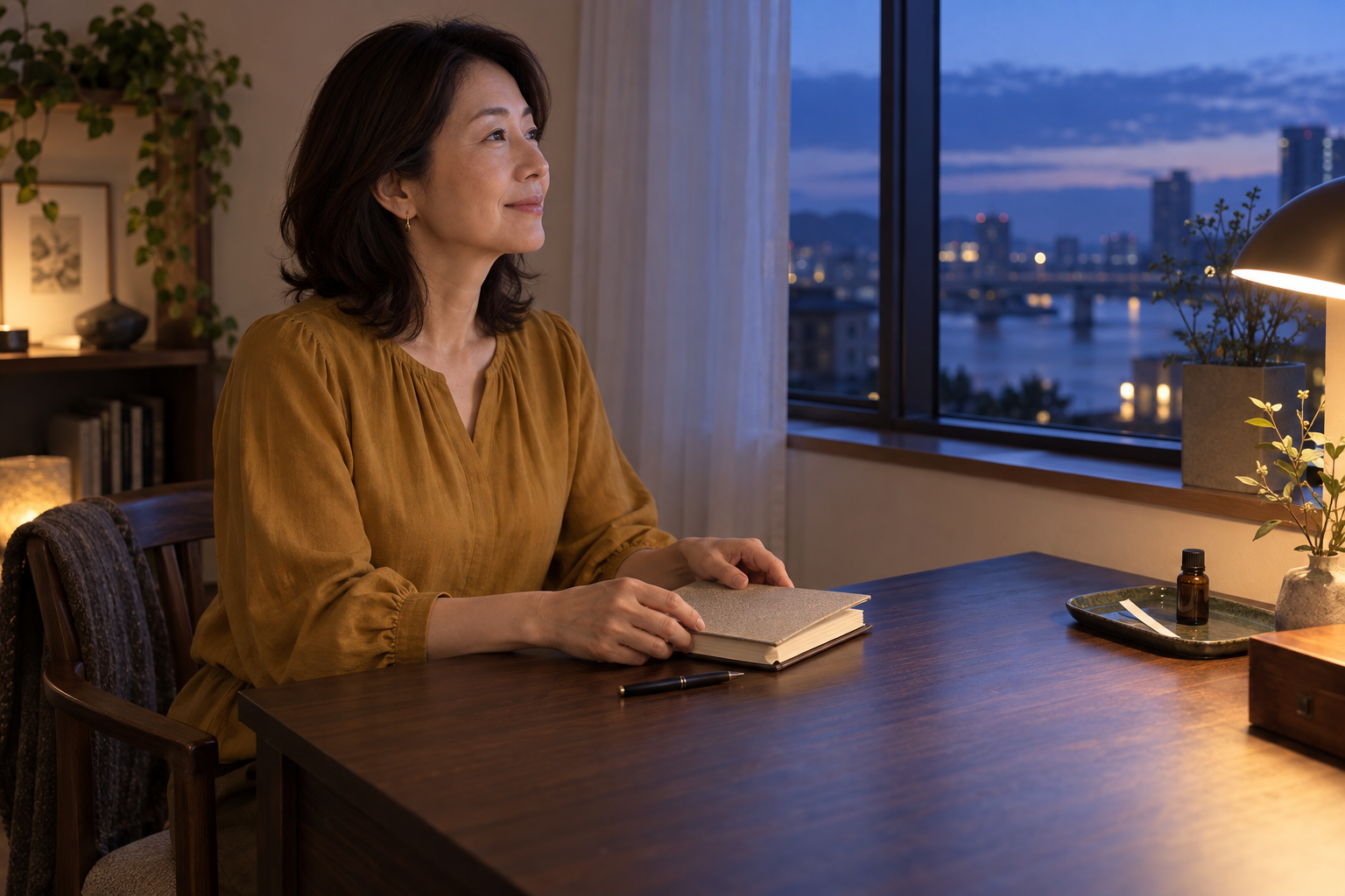 香りの記録を終えてノートを閉じ、夕暮れの窓を眺める女性