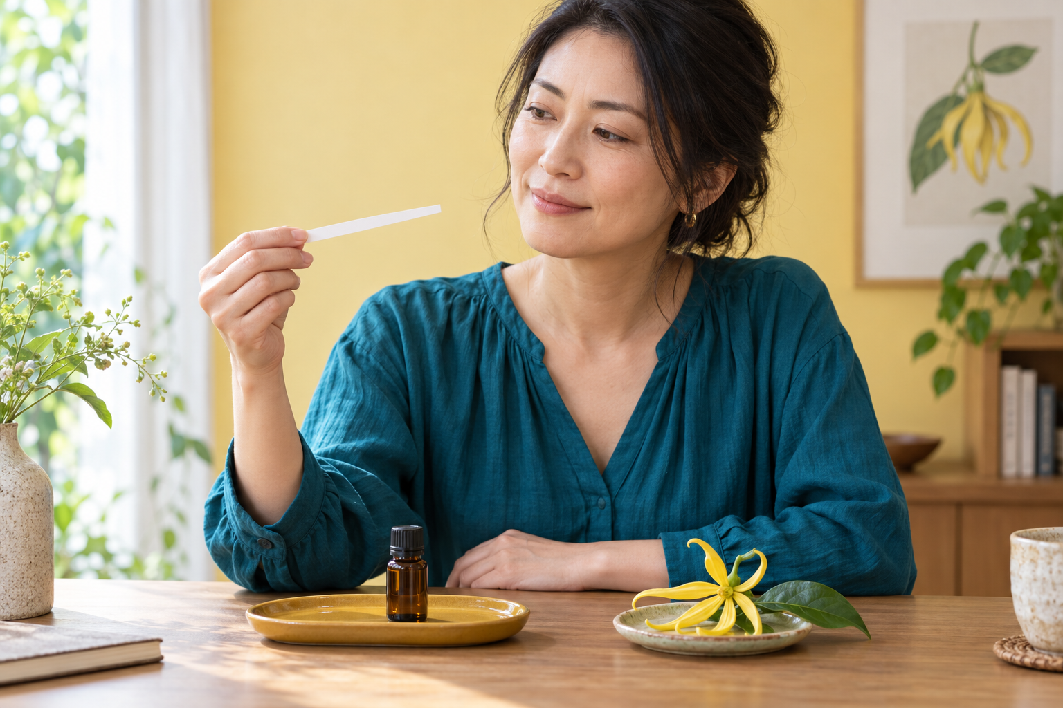 黄色い花をそばに置き、試香紙を離して花の香りを楽しむ女性