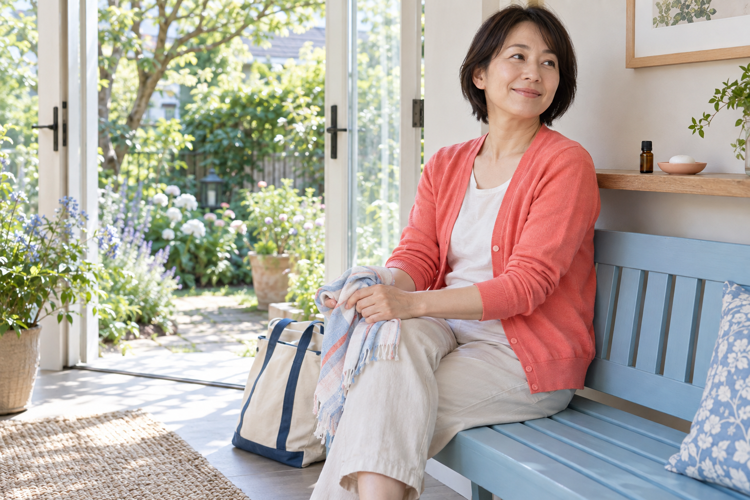 散歩のあと青いベンチでくつろぐ女性とアロマを置いた棚