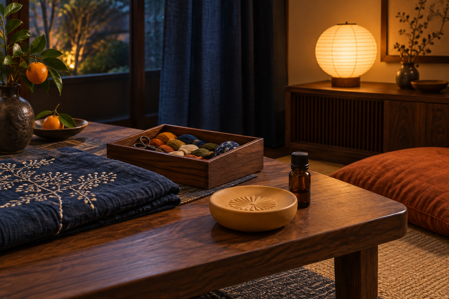 和紙の灯りと藍色の布のそばに置いたアロマの道具