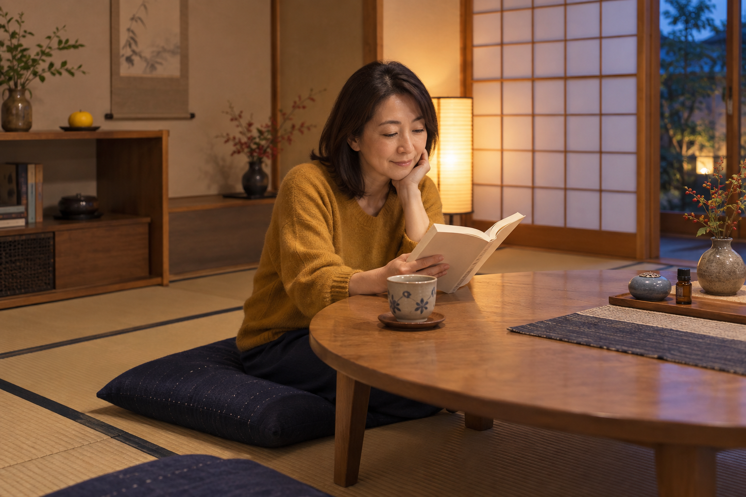 アロマの道具を置いた和室で夕方の読書を楽しむ女性