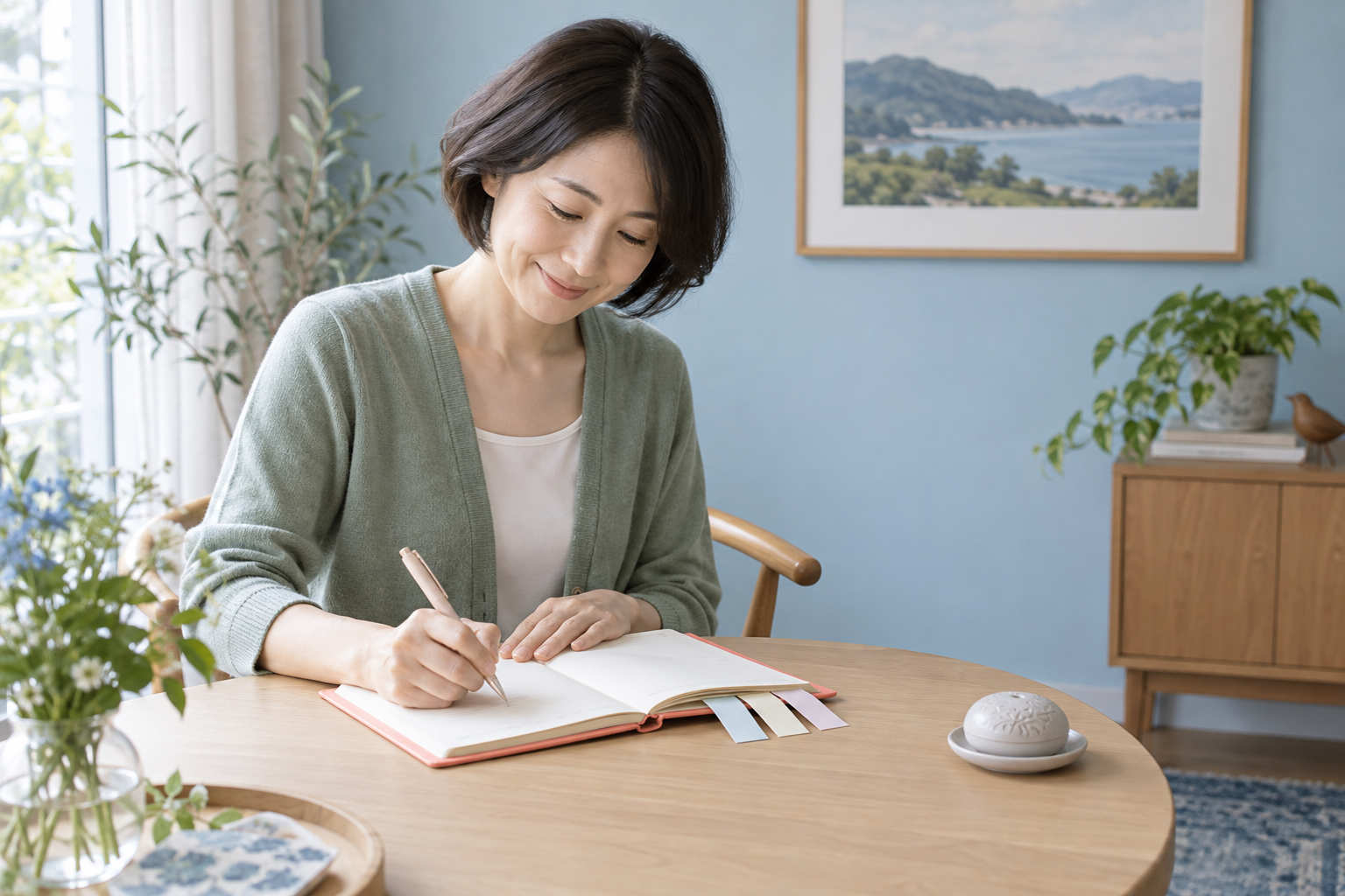 明るい部屋で手帳を開き、一週間の出来事をゆっくり書き留める女性