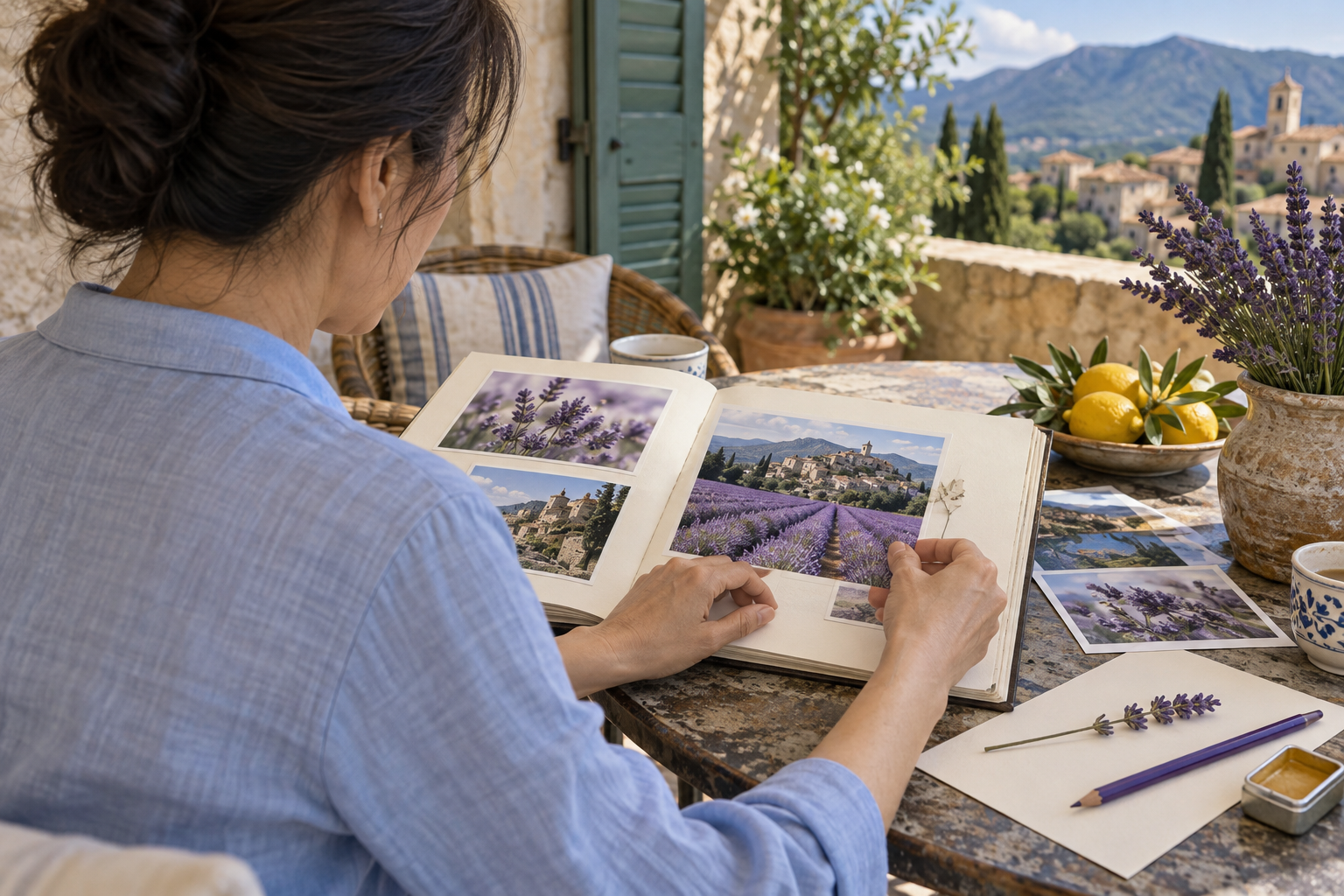 ラベンダー畑の写真をアルバムに整理し、旅の景色を振り返る女性