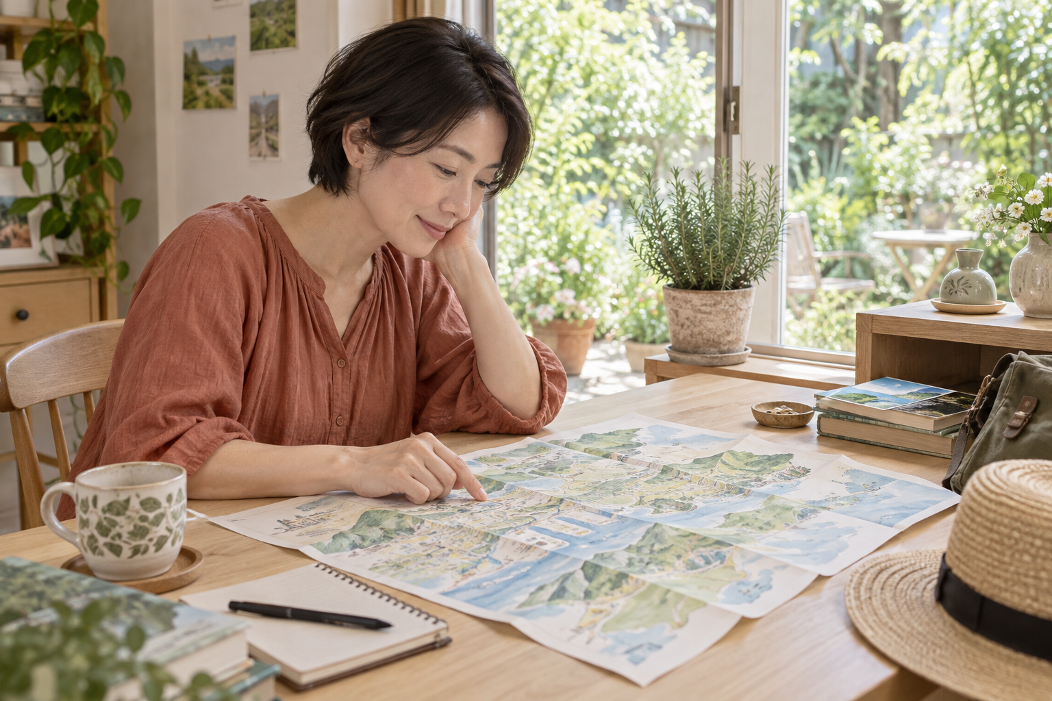 ローズマリーの鉢がある明るい窓辺で地図を眺める女性