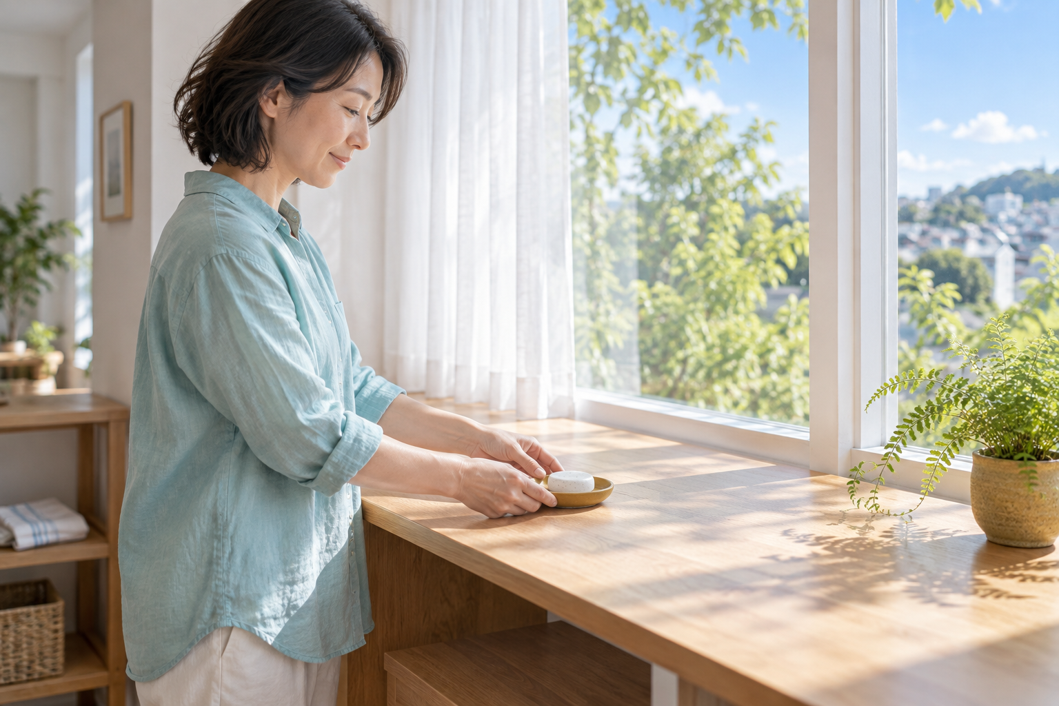 片づけた明るい窓辺に受け皿付きのアロマストーンを置く女性