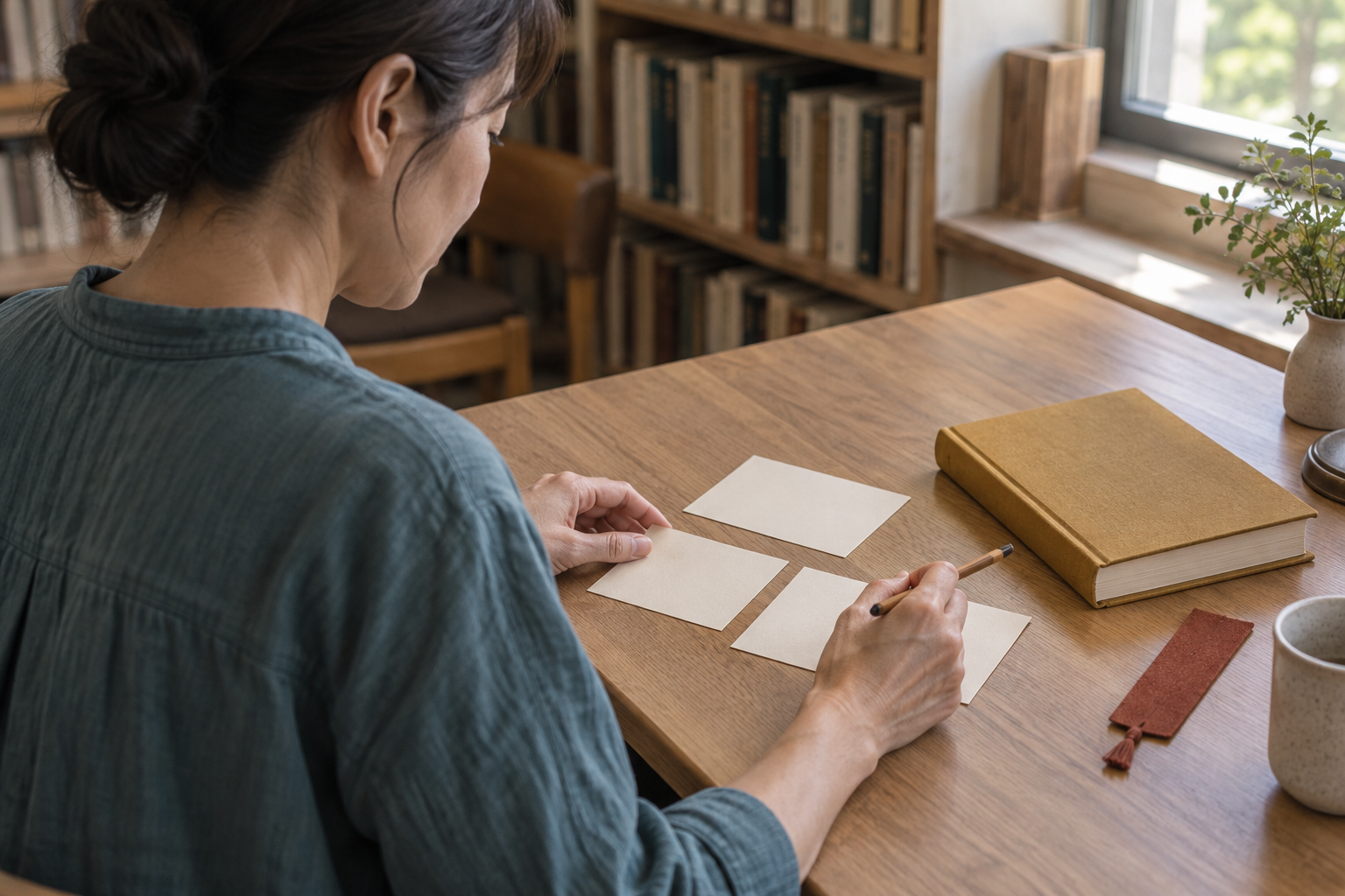 本のそばで読書カードを整理する青緑の服の女性