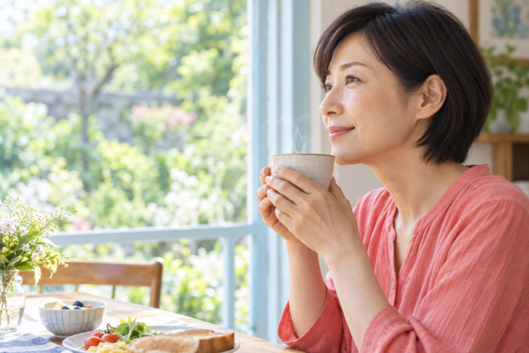 朝の窓辺でお茶の香りを味わう女性のイメージ（AI生成）
