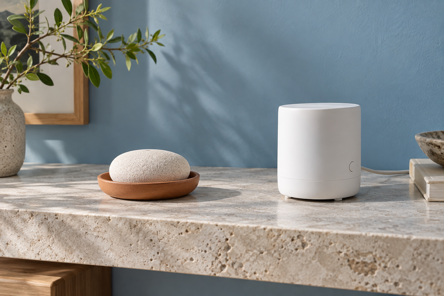 青い壁を背景に受け皿付きのアロマストーンと白い電動ディフューザーを並べたイメージ