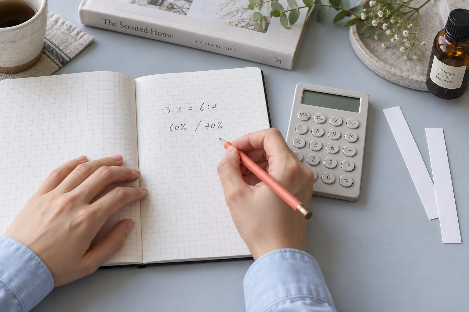 3対2と6対4の比率を方眼ノートに記録する手元
