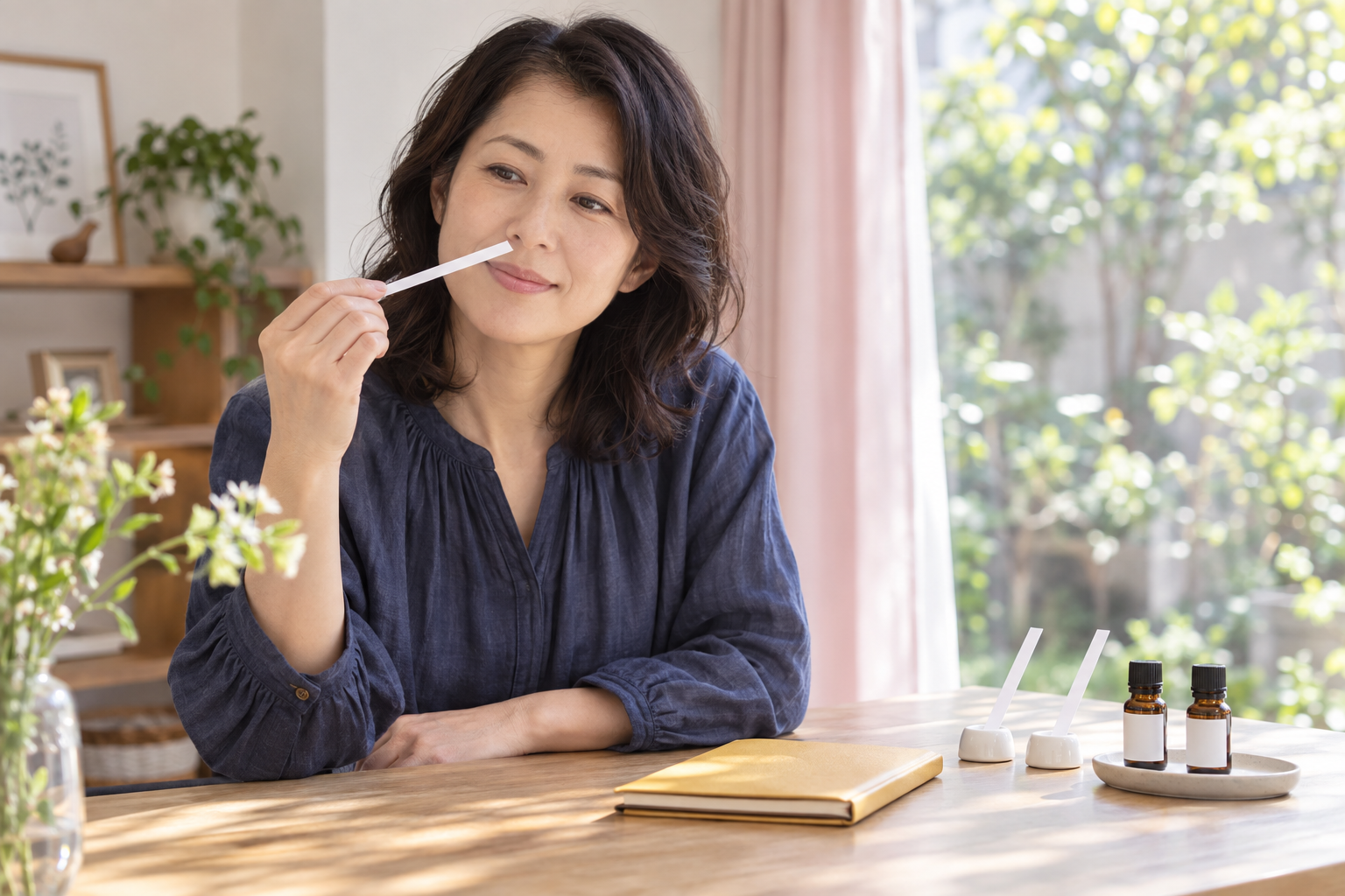 明るい窓辺でムエットを手にして香りの印象を確かめる女性