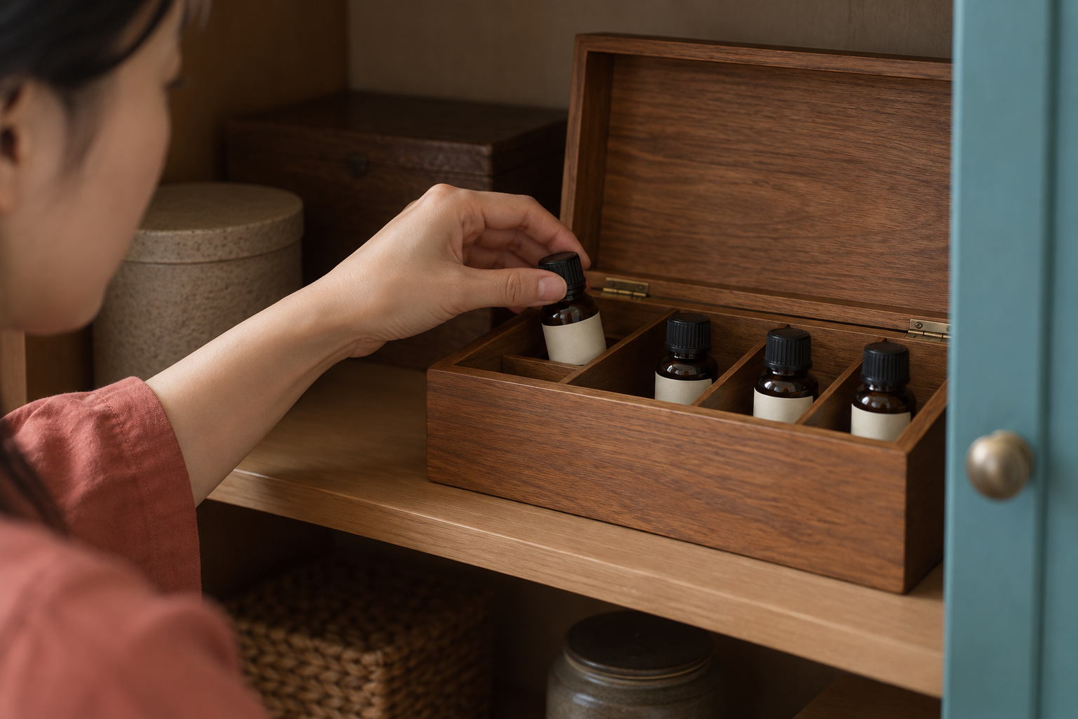 棚の中の仕切り付き木箱に精油瓶を戻す手元