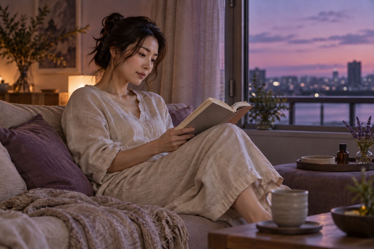 ふたを閉めた香りの瓶を横に置き、夕方の窓辺で本を読む女性の生成イメージ
