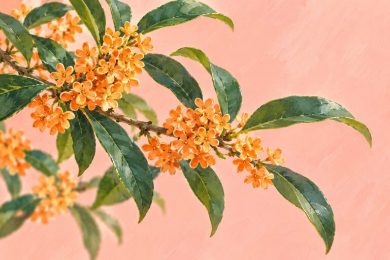 珊瑚色の背景に橙色の小花を描いたキンモクセイの挿絵