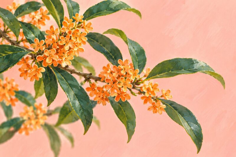 珊瑚色の背景に橙色の小花を描いたキンモクセイの挿絵