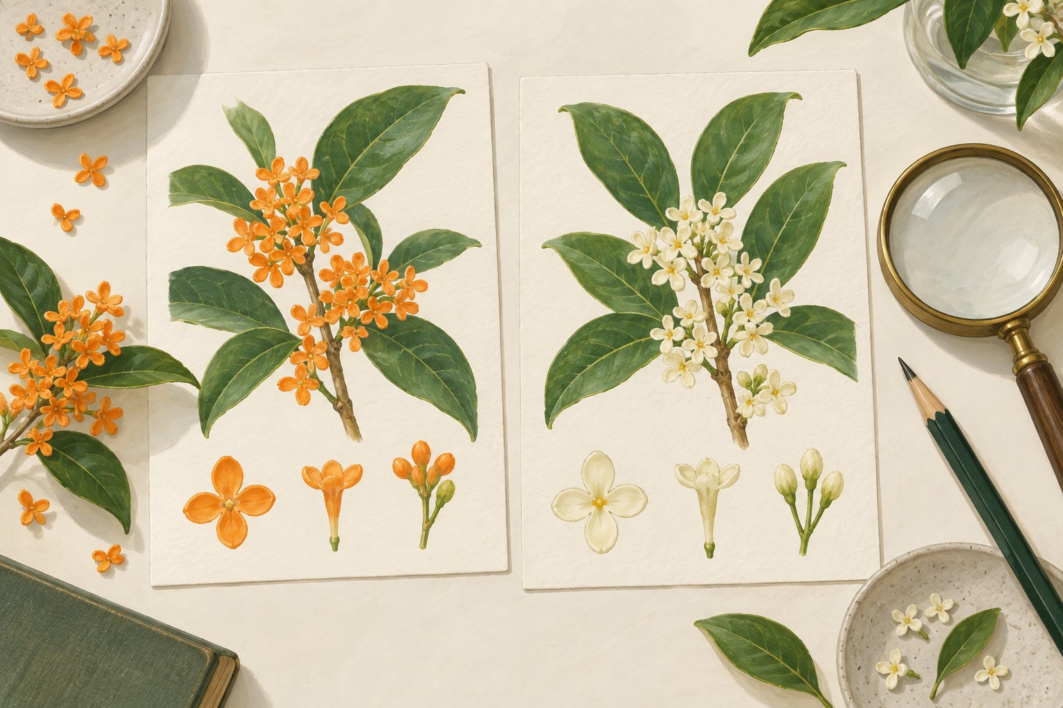 橙色と白い小花を並べて花色を見比べる観察の挿絵