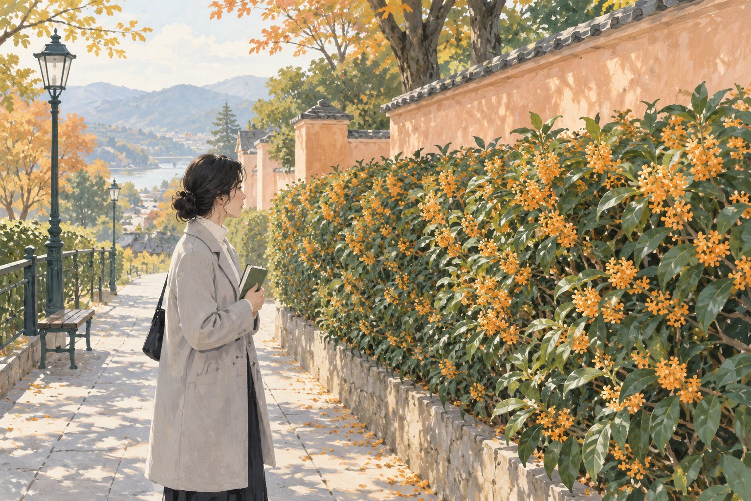 秋の生け垣の花をノートに記録する散歩の風景