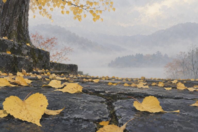 青灰色の石畳に黄色いハート形の落ち葉が重なる挿絵