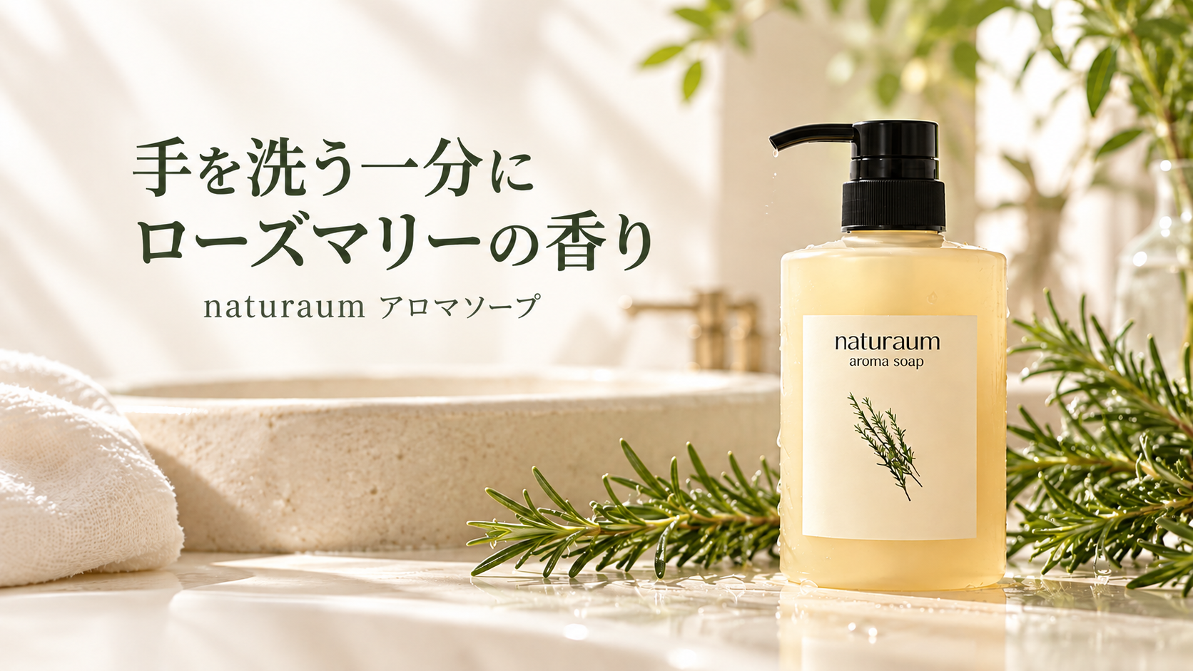 手洗いの一分にローズマリーの香り。naturaumアロマソープを使うシーンのAI生成イメージ