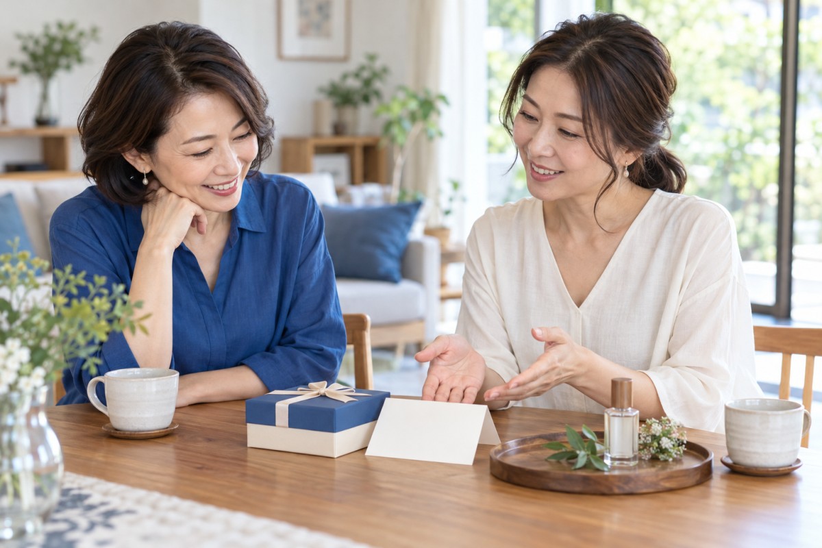 明るい部屋で二人の女性が閉じた贈り物とカードを見ながら会話する生成イメージ