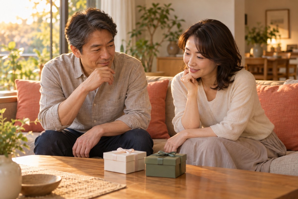 二人がソファで閉じた贈り物の箱を見ながら過ごし方を相談する生成イメージ