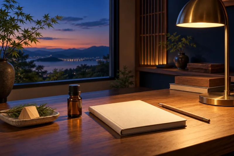 夕暮れの机で香りの感想を記す時間を表す生成イメージ