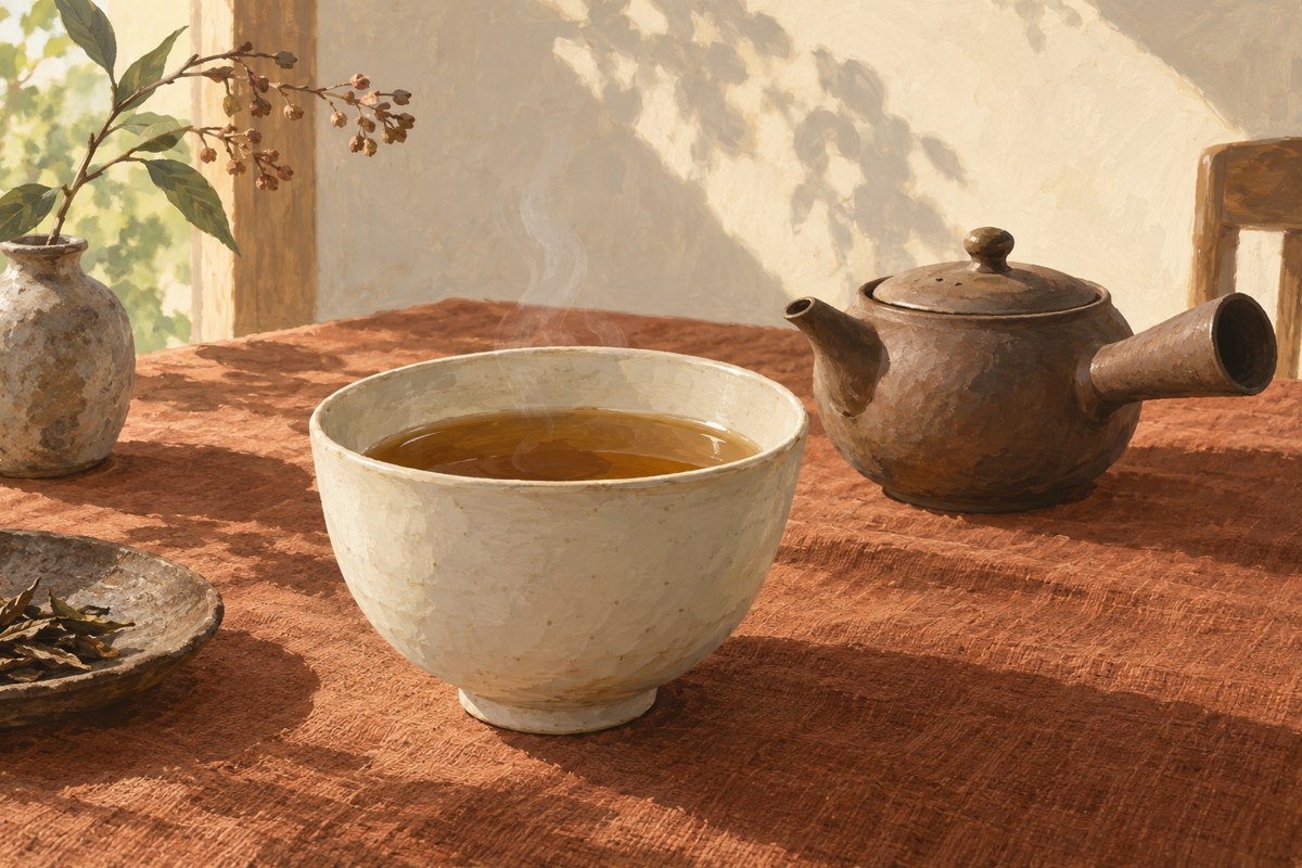 白い湯のみの琥珀色のほうじ茶と、赤土色のクロスに置いた急須