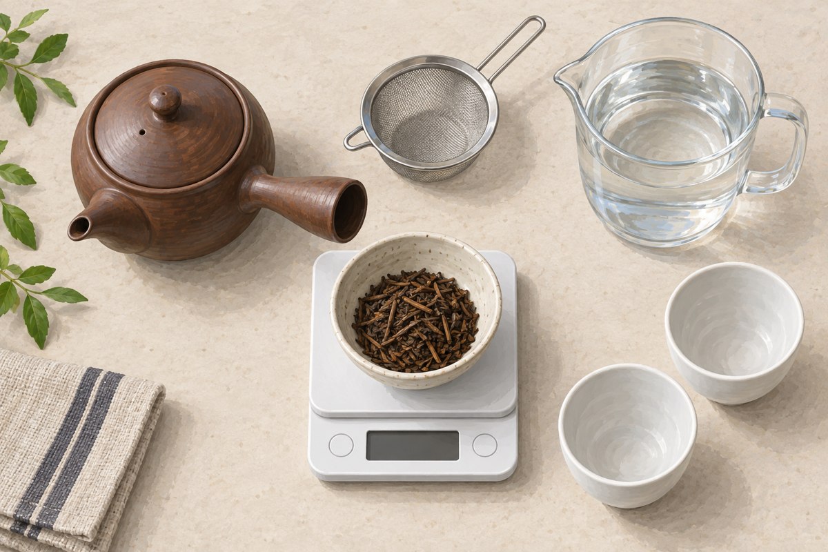 ほうじ茶の茶葉、はかり、急須、耐熱容器と湯のみを並べた準備のイラスト