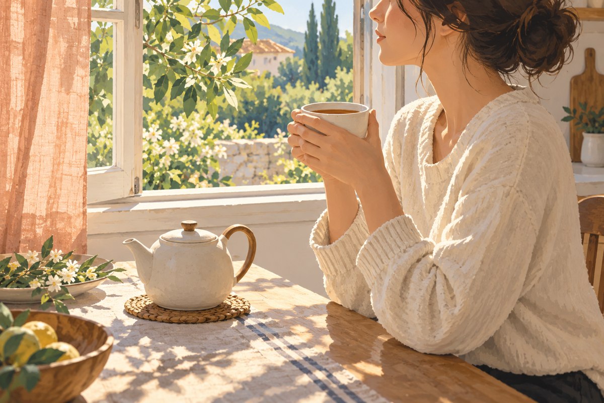 窓辺で白い湯のみを手に、ほうじ茶の時間を楽しむ人