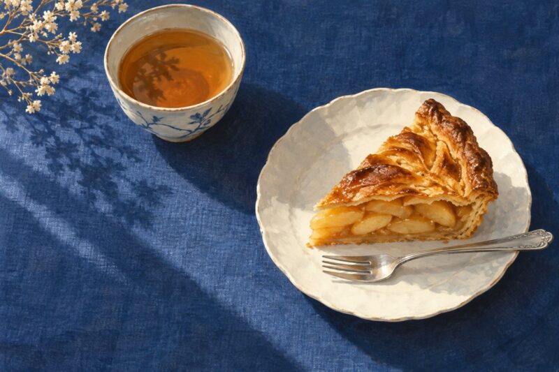青いクロスに置いたほうじ茶とアップルパイ、銀色のフォーク